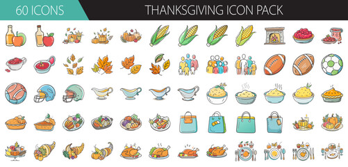 Naklejka premium Thanksgiving holiday vector icons: traditional food, autumn decor, family, and celebration.