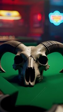 Eerie skull with horns resting on a vibrant green pool table surface, creating a spooky and mysterious vibe perfect for Halloween promotions