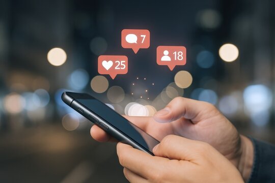 Hands Holding Smartphone with Social Media Notifications, Engagement Concept, Modern Communication and Technology