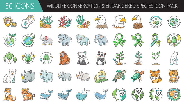 Wildlife conservation and endangered species icon pack with cute animals and environmental symbols