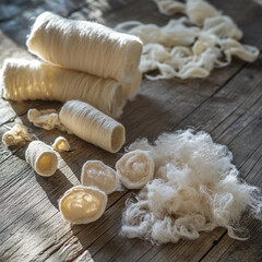 Natural cotton fibers and rolls with a rustic mood on wooden texture