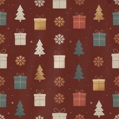 Naklejka premium Festive surface pattern with holiday symbols, wrapped gifts, snowflakes and stylized trees, grid layout and celebratory atmosphere.