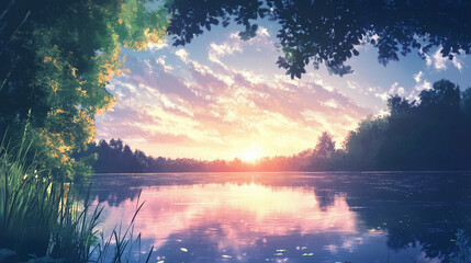 Serene sunset over a calm lake with trees and colorful clouds in a tranquil mood