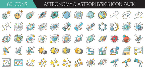 Hand drawn astronomy & astrophysics icon pack: planets, stars, galaxies, comets, telescopes. © SulaimanIslam