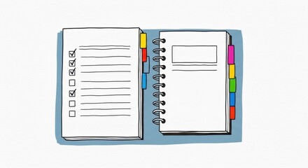Notebook and planner with checkboxes and colored tabs, minimalist acrylic sketch style, represents ADHD and anxiety organization tools on blue background