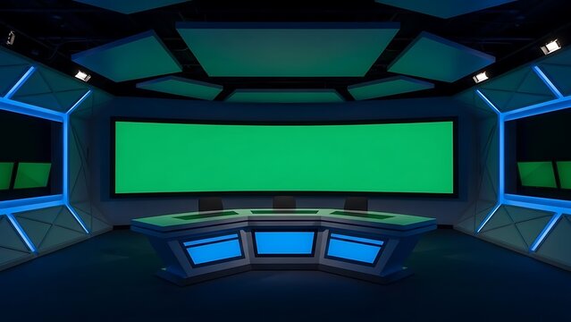 Modern Television Studio Set with Green Screen chroma key broadcast news media production video virtual background desk monitors