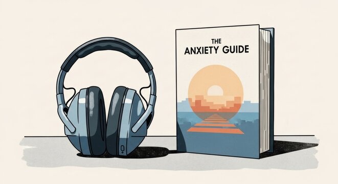 Minimalist acrylic illustration of noise cancelling headphones and anxiety guide book in calming colors, representing anxiety relief and mindfulness techniques, clean and modern aesthetic