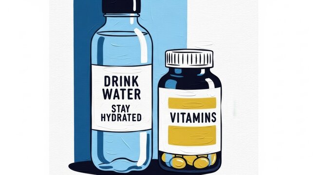 Water bottle with reminders and vitamins bottle illustration, bold flat colors, simple minimalist style representing ADHD and anxiety self-care