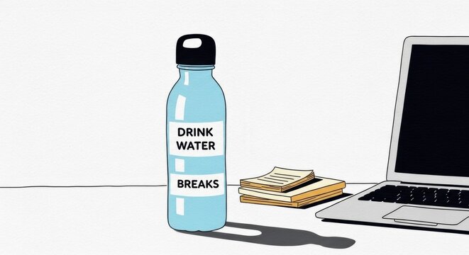 Water bottle with reminders about breaks next to laptop and notes, minimalist office desk scene, promoting ADHD and anxiety self-care