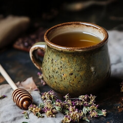 Warm herbal tea in a rustic cup with dried flowers and honey on a cozy background