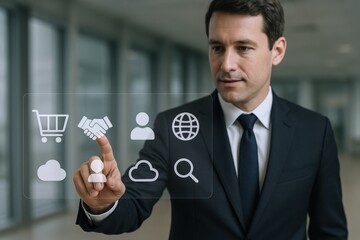 Businessman Interacting with Digital Interface Displaying Business and Commerce Icons, Representing Modern Technology and Global Connectivity