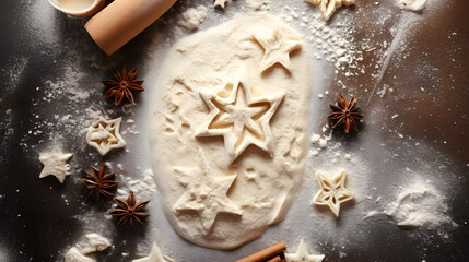 Abstract background with Christmas raw dough star cookies, spices and white baubles on wooden board. Square composition.