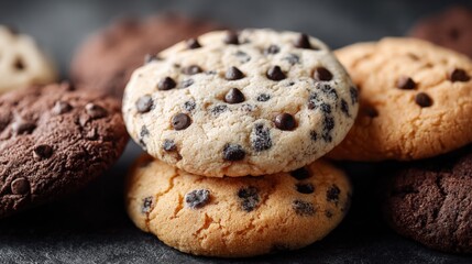 Freshly Baked Assorted Chocolate Chip Cookies Stacked on a Dark Surface, Macro Food Photography