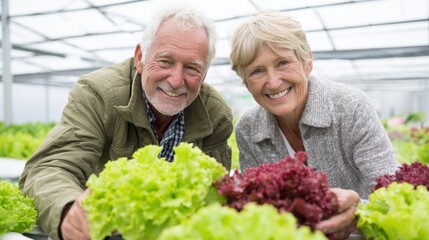 Happy Senior Couple Harvesting Fresh Lettuce in Greenhouse, Supporting Local Agriculture and Sustainable Farming