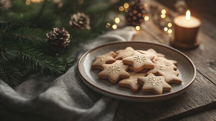 Star-shaped cookies on a plate with festive decorations and candlelight