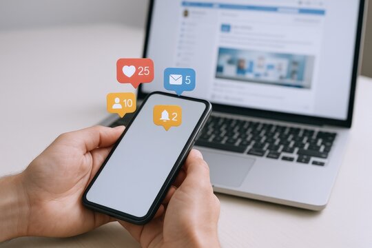 Person using a mobile phone with social media notifications in front of a laptop