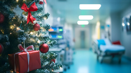 Decorated Christmas tree with gifts inside a hospital with medical appliances in the background. Concept of Christmas celebration during working.