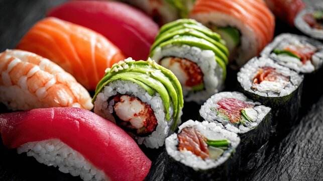 Delicious Sushi Platter with Fresh Salmon, Tuna, Avocado, and Shrimp: Culinary Art and Japanese Cuisine - Powered by Adobe