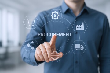 Procurement Process Automation Concept: Businessman Taps Virtual Interface Representing Supply Chain, Manufacturing, and Global Logistics