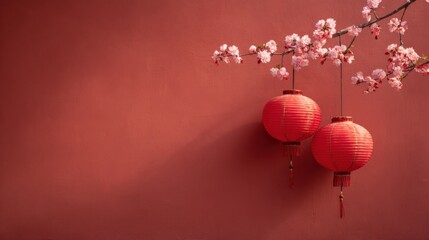 Festive Red Lanterns and Cherry Blossoms for Asian Celebrations with Copy Space Background