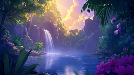 Tropical waterfall scene with vibrant flora and a mystical mood
