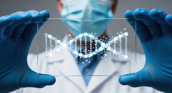 Genetic Research and DNA Analysis Concept. Scientist in Lab Coat and Gloves Holding Transparent Screen with Digital Double Helix Structure for Biotechnology and Genome Study. - Powered by Adobe