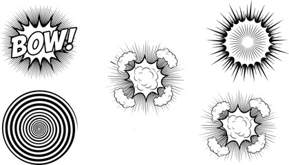 Set of black and white comic book elements, explosion clouds, speed lines, spiral and sound effects vector collection.