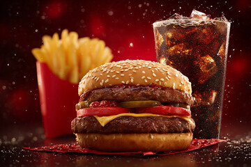 Fast Food Packshot with Burger, Fries and Cola on a Red Background