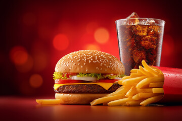 Fast Food Packshot with Burger, Fries and Cola on a Red Background
