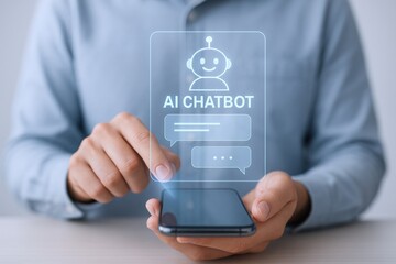 AI Chatbot on Smartphone: Man Interacting with Virtual Assistant via Mobile Device for Customer Support