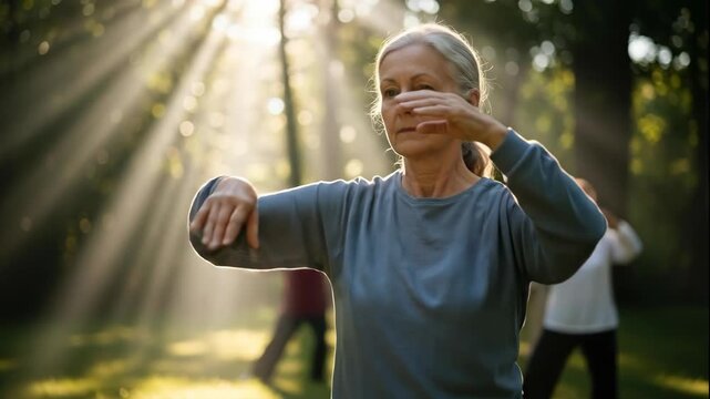 focused senior caucasian woman practicing tai chi in park with group. sunbeams shine through trees. active aging, wellness, mindfulness, and healthy lifestyle concept. banner, copyspace.