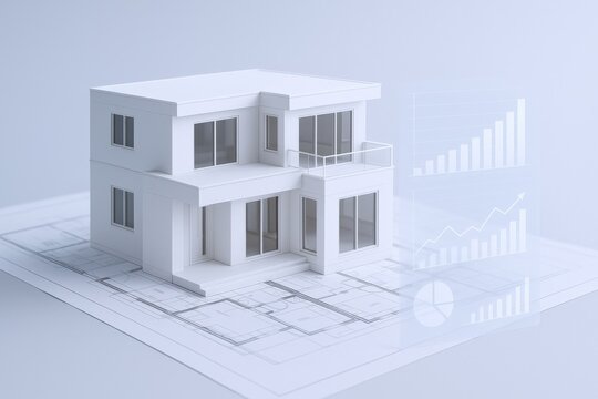 Modern House Model on Blueprint with Financial Growth Overlay, Representing Real Estate Investment and Market Trends