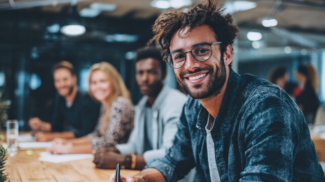 Smiling Diverse Business Team in Modern Office Setting, Reflecting Collaboration and Positive Workplace Culture