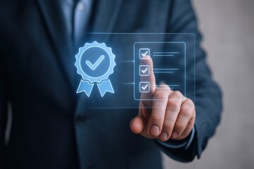 Obraz premium Quality Assurance Illustration: Business Man Interacting with Virtual Guarantee Checkmarks for Standards Compliance and Certification