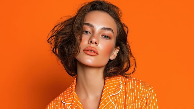 Young caucasian female in orange outfit with bold makeup against a vibrant background