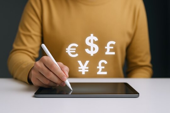 Digital finance concept: person using tablet for global currency transactions and investments