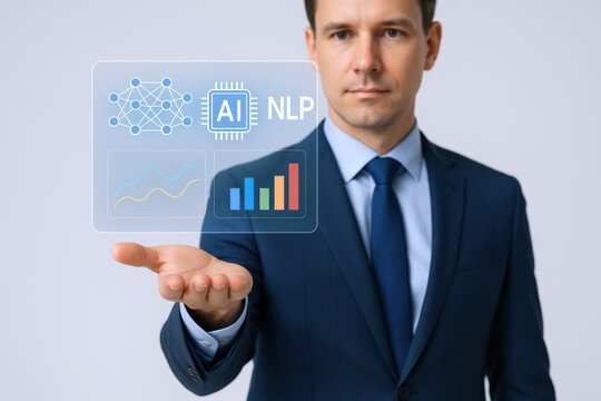 Professional businessman presenting artificial intelligence technology interface, showcasing NLP and data analysis with visual graphs