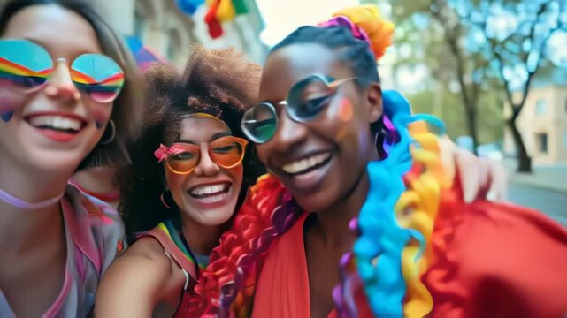 Diverse group celebrates joyfully at vibrant outdoor festival with colorful fashion