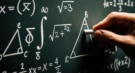 Close-up of Hand Writing Advanced Mathematical Formulas and Complex Equations with Chalk on a Dark Blackboard, Representing Education and Scientific Research.