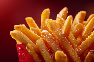 Crispy Salted French Fries in a Red Container on a Red Background