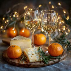 cozy festive scene with two glasses of white wine, slices of cheese, mandarins, and rosemary, illuminated by soft twinkling lights, evoking a warm and inviting holiday atmosphere.