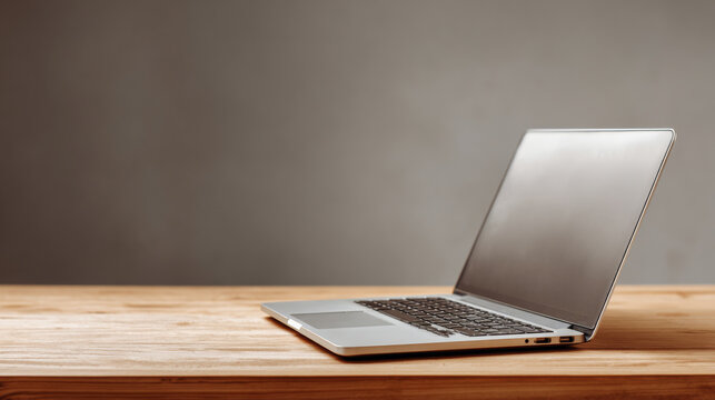 A silver laptop sits on a wooden table with the screen turned off, displaying its keyboard and trackpad in full view against an out-of-focus background