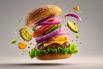 Flighting Burger with Ingredients Suspended in Mid-Air — Dynamic Food Shot