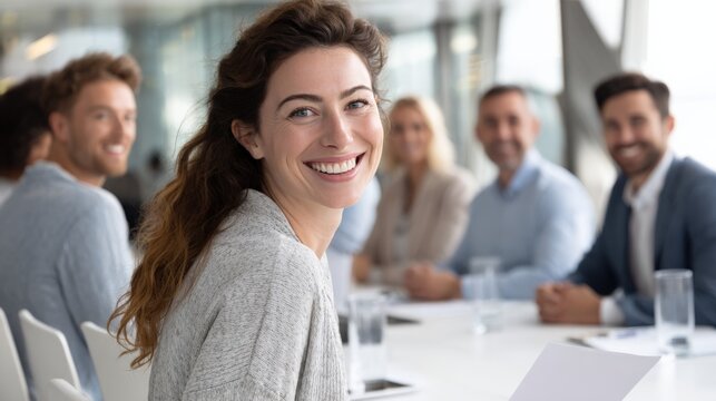 Confident Businesswoman Smiling During Meeting With Diverse Team, Collaborative Environment in Modern Office