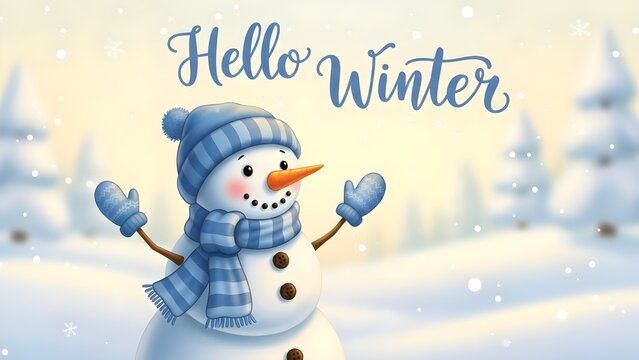 Cute Snowman Illustration with Playful “Hello Winter” Calligraphy, Soft Snowy Background, Winter Kids Theme Artwork