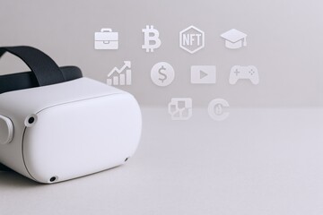 Virtual Reality Headset Displaying Cryptocurrency, Business, Education, and Entertainment Icons for Metaverse Application