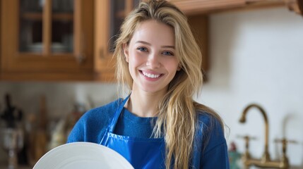 Happy Young Woman Washing Dishes in Kitchen, Smiling with Clean Plate in Hands