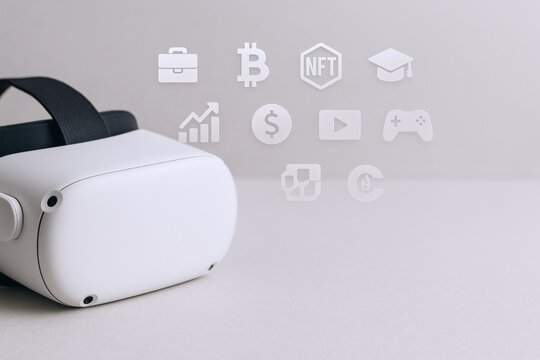 Virtual Reality Headset Displaying Cryptocurrency, Business, Education, and Entertainment Icons for Metaverse Application