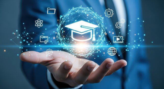 E-learning, Education Technology, and Online Course Concept. Hand Holding Digital Hologram of Graduation Cap in a Connected Network Sphere with Learning Icons.