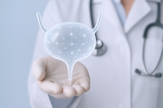 Doctor holding futuristic digital bladder, showcasing medical technology and urology innovation for healthcare solutions